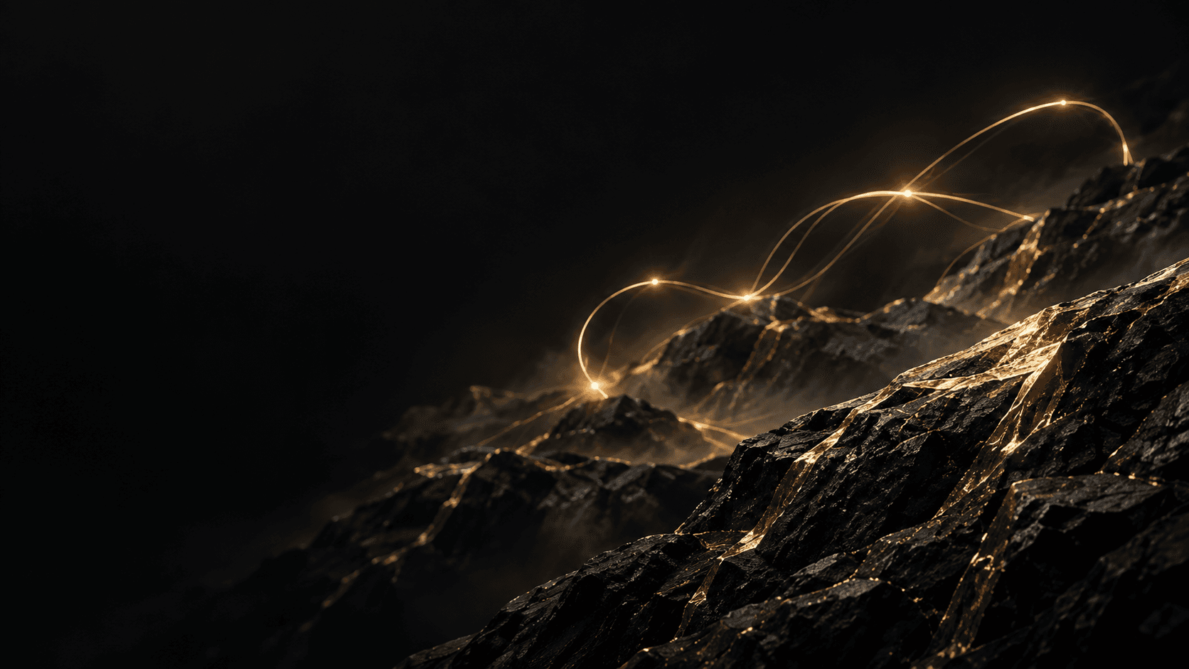 Goldene Lichtlinien verbinden Punkte über einer dunklen Berglandschaft