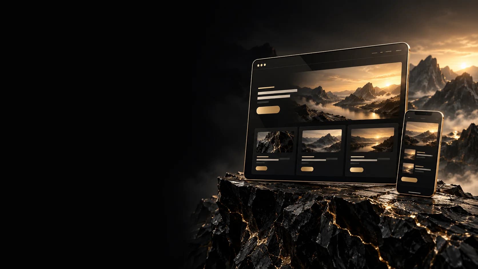 Website-Ansicht auf Tablet und Smartphone auf einem dunklen Felsen