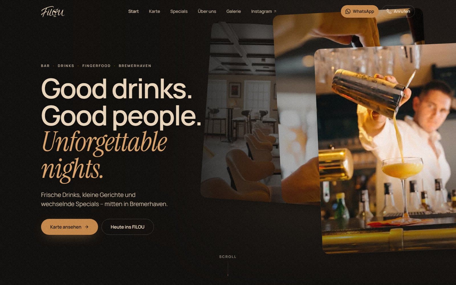 Screenshot von filoubhv.de: Startseite mit Navigation, Headline „Good drinks. Good people. Unforgettable nights.“ und Foto aus der Bar