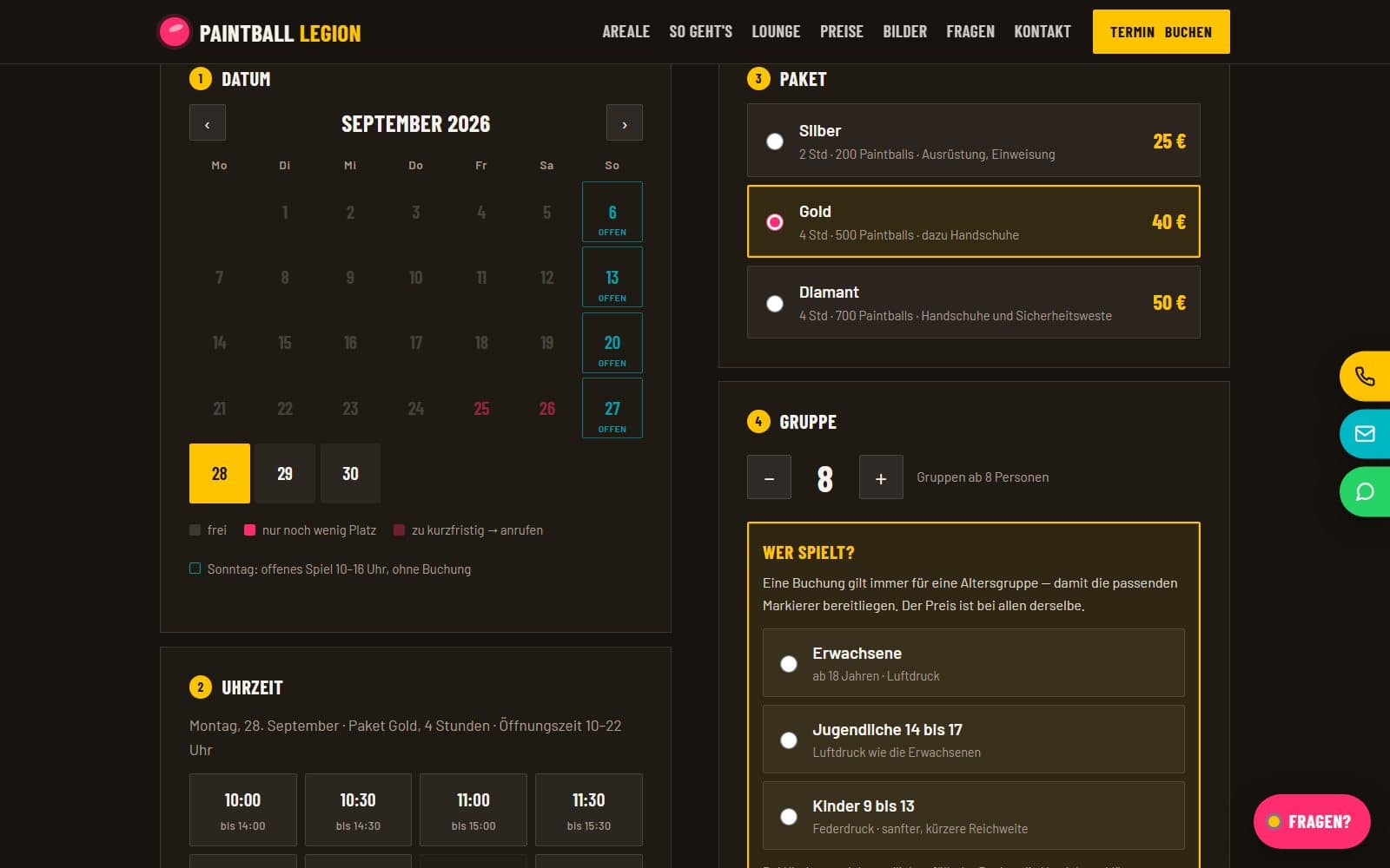 Screenshot von paintball-legion.de: Buchungsbereich mit Kalender, Paketwahl und Gruppengröße